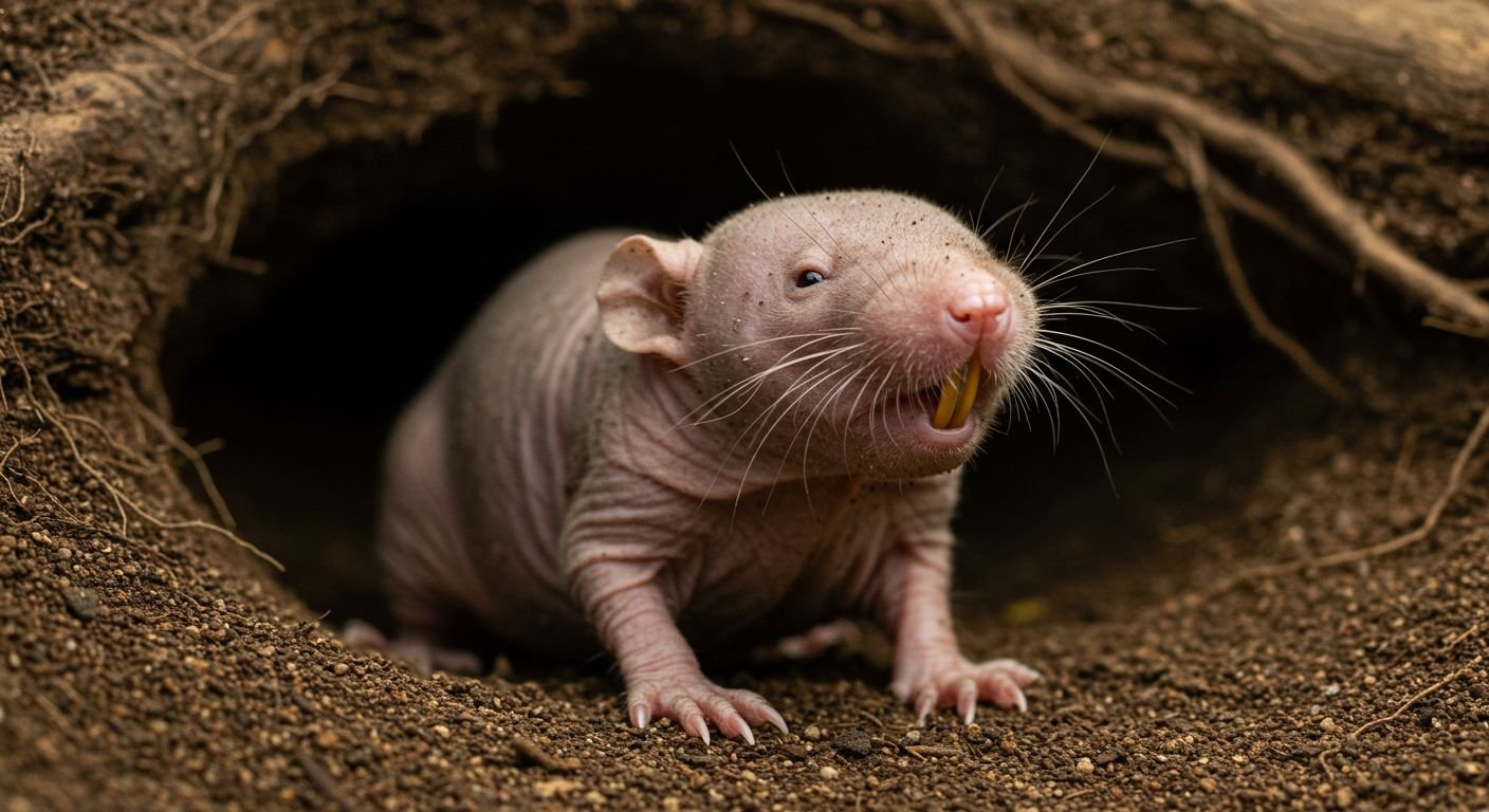 Rato-Toupeira-Pelado em seu ambiente subterrâneo